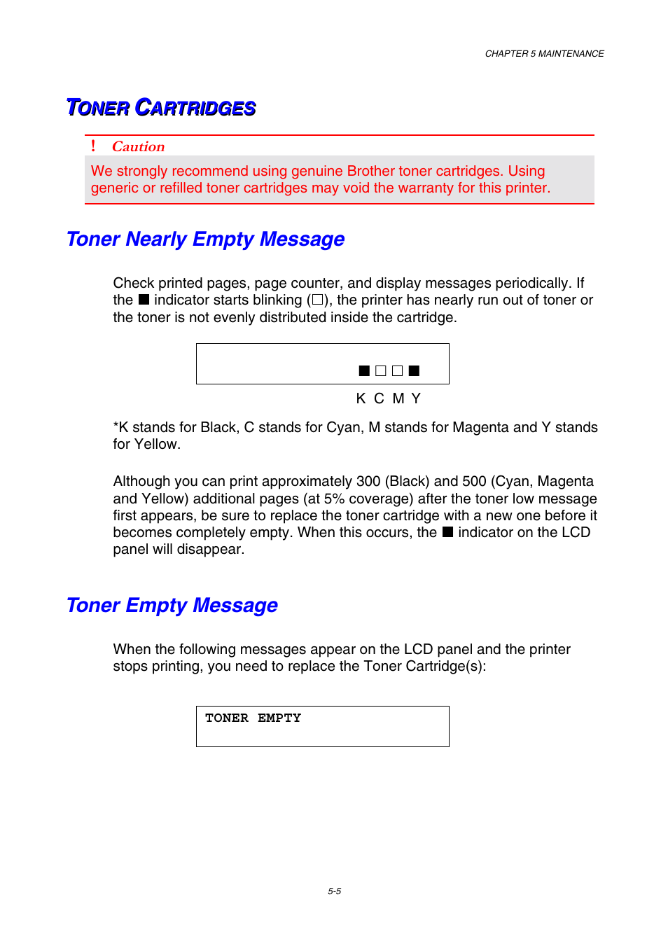 Toner cartridges, Toner nearly empty message, Toner empty message | Brother HL-3450CN User Manual | Page 121 / 227