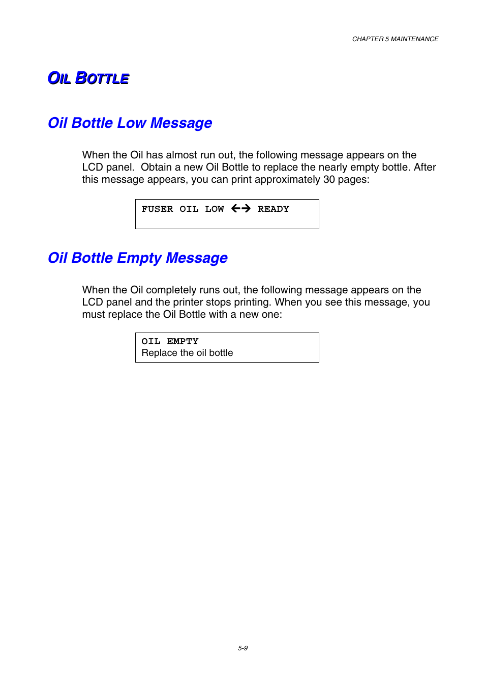 Oil bottle, Oil bottle low message, Oil bottle empty message | Brother HL-3450CN User Manual | Page 125 / 227