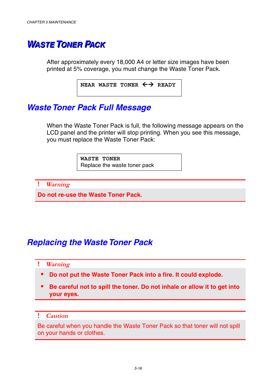 Waste toner pack, Waste toner pack full message, Replacing the waste toner pack | Brother HL-3450CN User Manual | Page 132 / 227