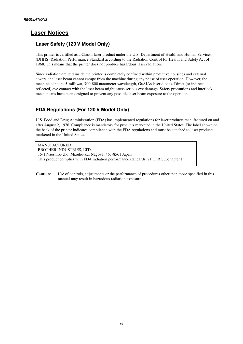 Laser notices, Laser safety (120 v model only), Fda regulations (for 120 v model only) | Brother HL-3450CN User Manual | Page 14 / 227