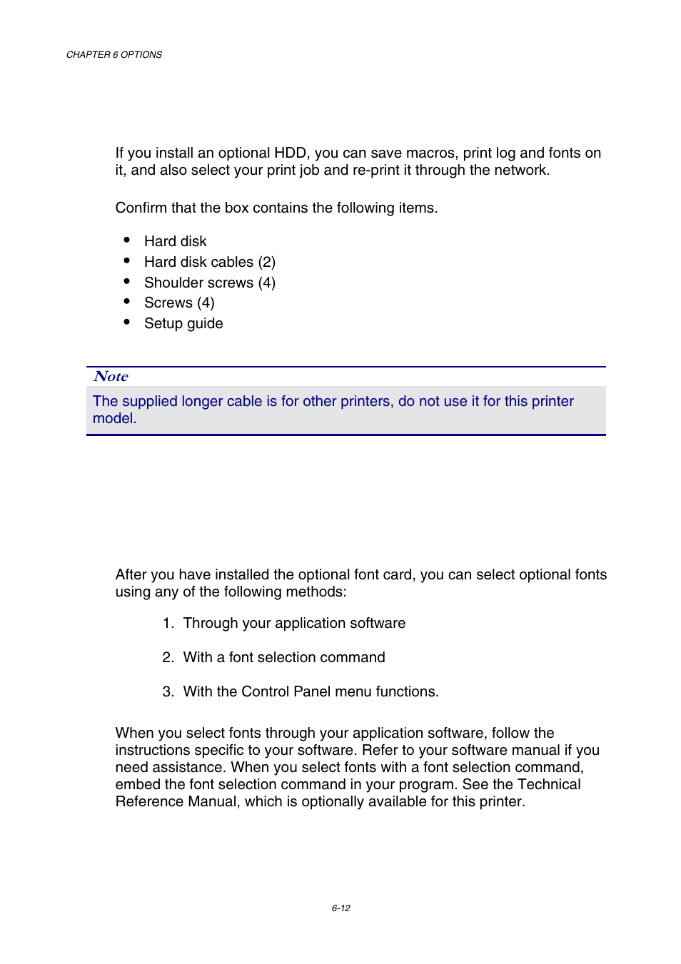 Hard disk drive (hd-6g / hd-ex), Selecting the optional fonts | Brother HL-3450CN User Manual | Page 168 / 227