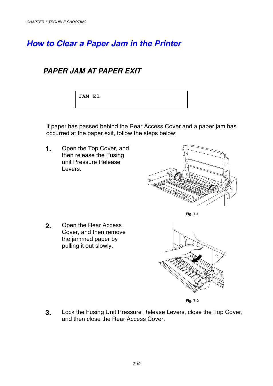 How to clear a paper jam in the printer, Jam e1, Paper jam at paper exit | Brother HL-3450CN User Manual | Page 188 / 227