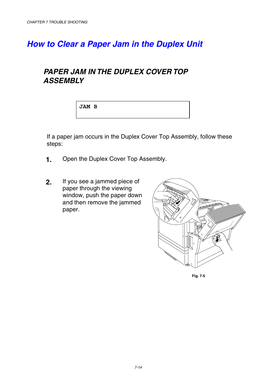 How to clear a paper jam in the duplex unit, Jam b, Paper jam in the duplex cover top assembly | Brother HL-3450CN User Manual | Page 192 / 227