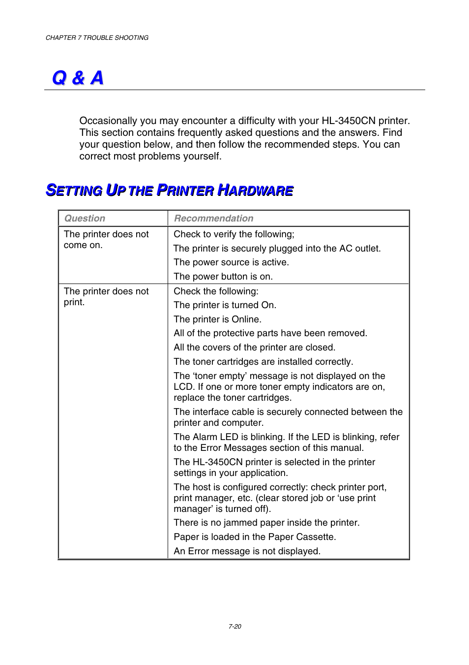 Q & a, Setting up the printer hardware, Q q & & a a | Brother HL-3450CN User Manual | Page 198 / 227