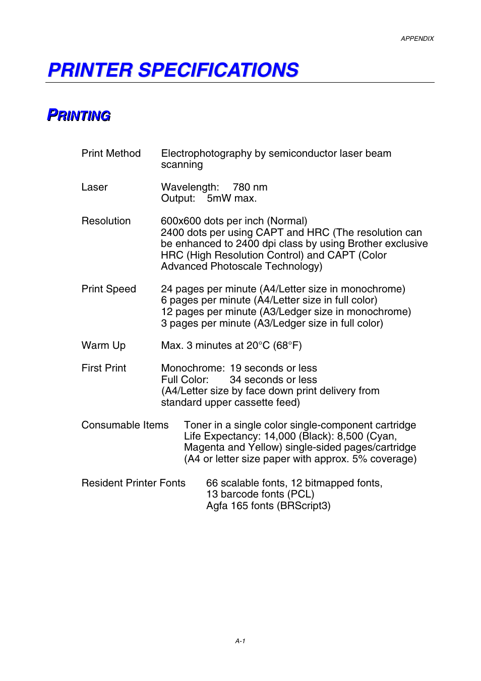 Printer specifications, Printing | Brother HL-3450CN User Manual | Page 208 / 227