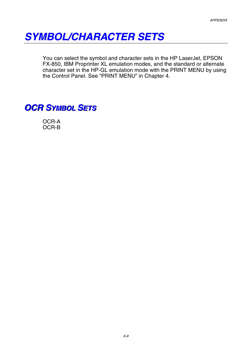 Symbol/character sets, Ocr symbol sets | Brother HL-3450CN User Manual | Page 216 / 227