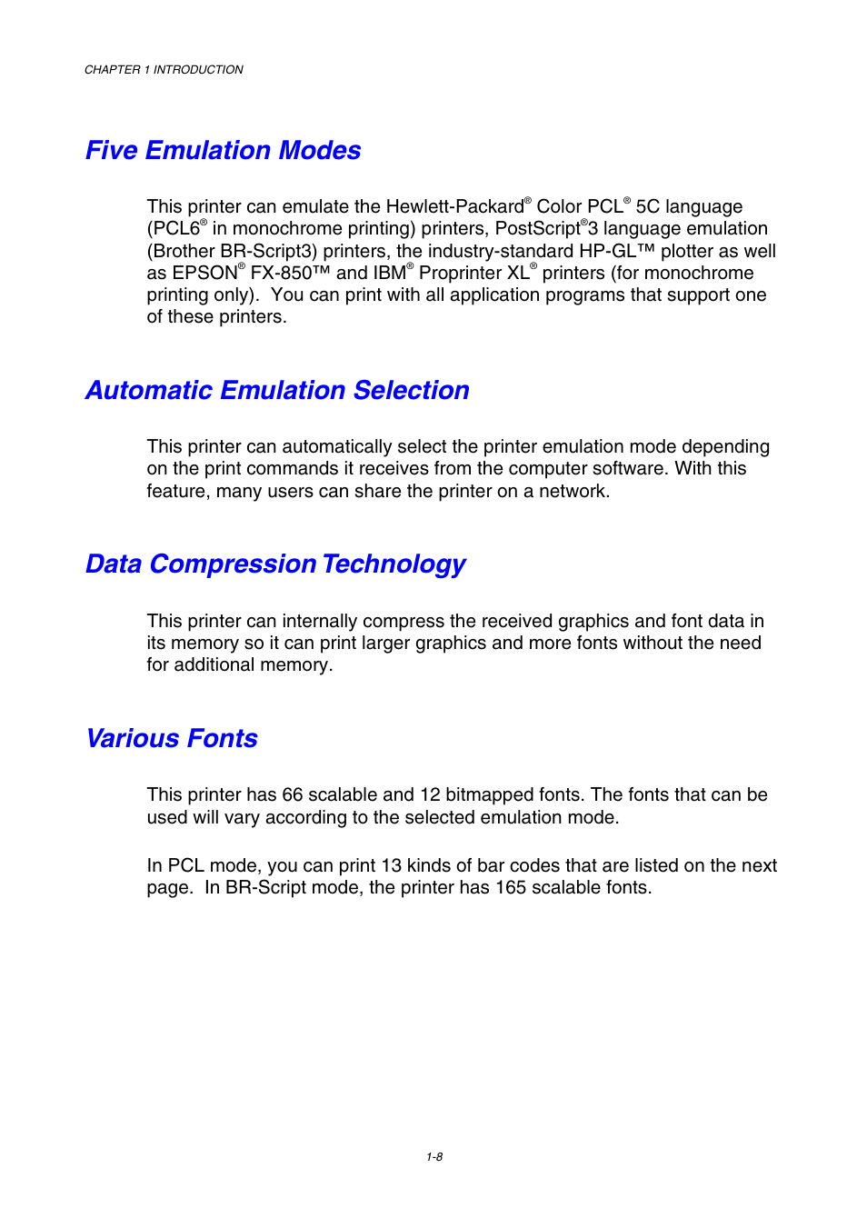 Five emulation modes, Automatic emulation selection, Data compression technology | Various fonts | Brother HL-3450CN User Manual | Page 26 / 227