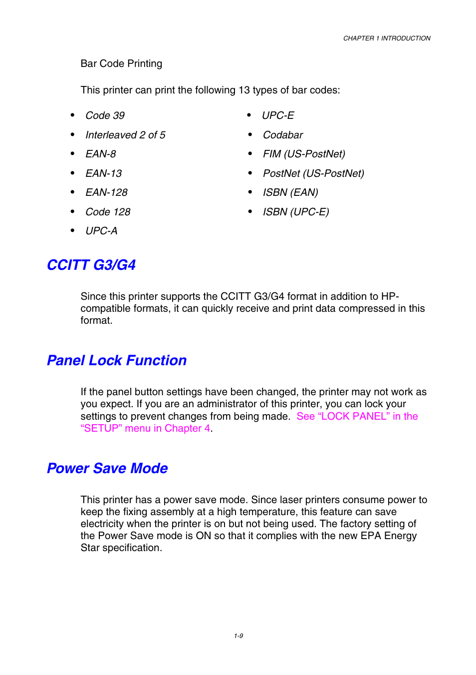 Ccitt g3/g4, Panel lock function, Power save mode | Brother HL-3450CN User Manual | Page 27 / 227