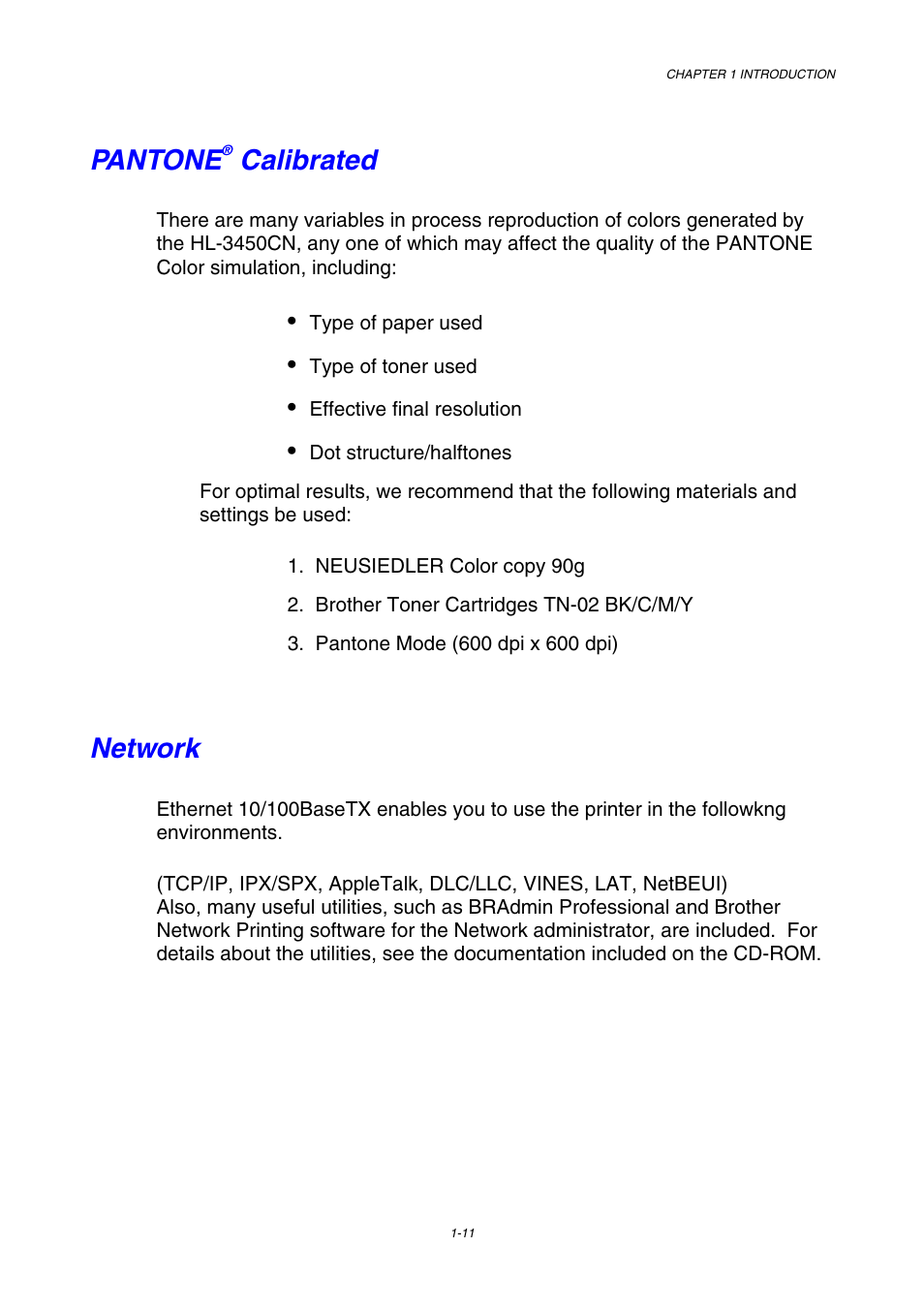 Pantone® calibrated, Network, Pantone | Calibrated | Brother HL-3450CN User Manual | Page 29 / 227