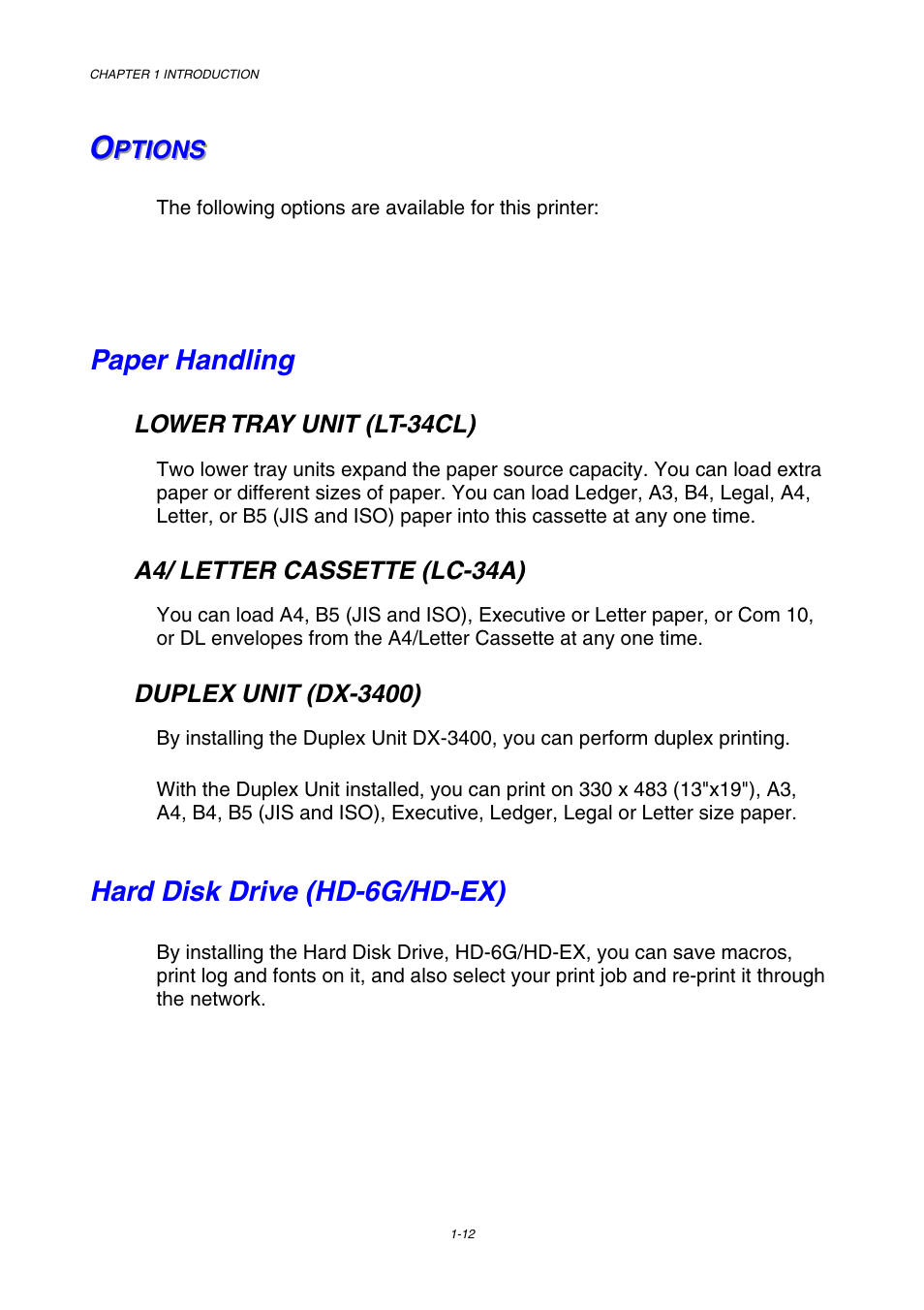 Options, Paper handling, Hard disk drive (hd-6g/hd-ex) | Brother HL-3450CN User Manual | Page 30 / 227