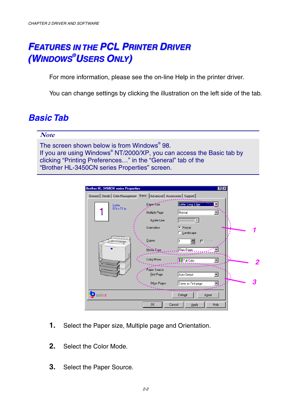 Basic tab, Features in the pcl printer driver (windows, 95/98/me users only) | W w w | Brother HL-3450CN User Manual | Page 36 / 227