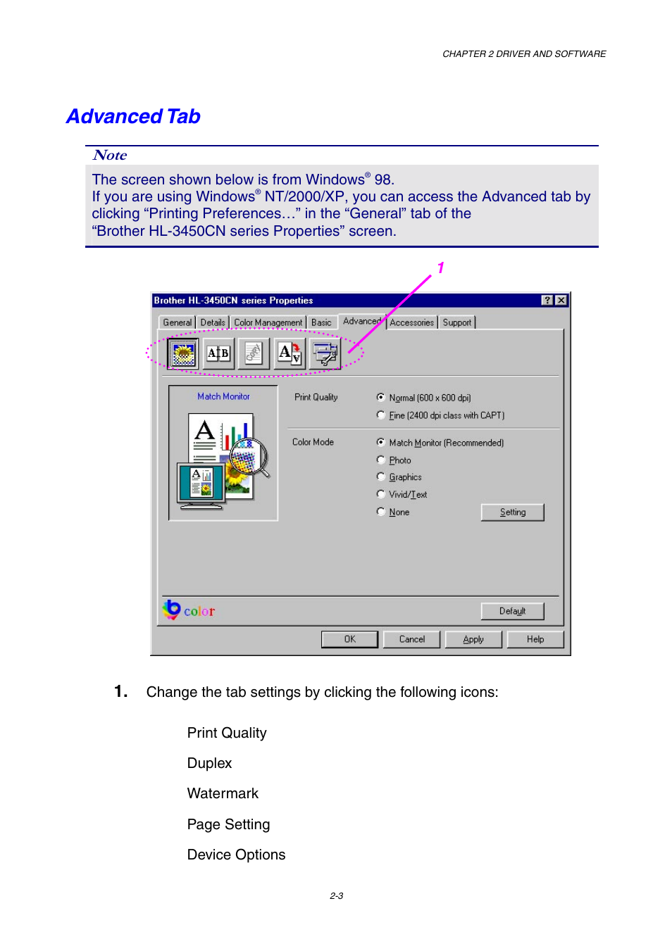 Advanced tab | Brother HL-3450CN User Manual | Page 37 / 227