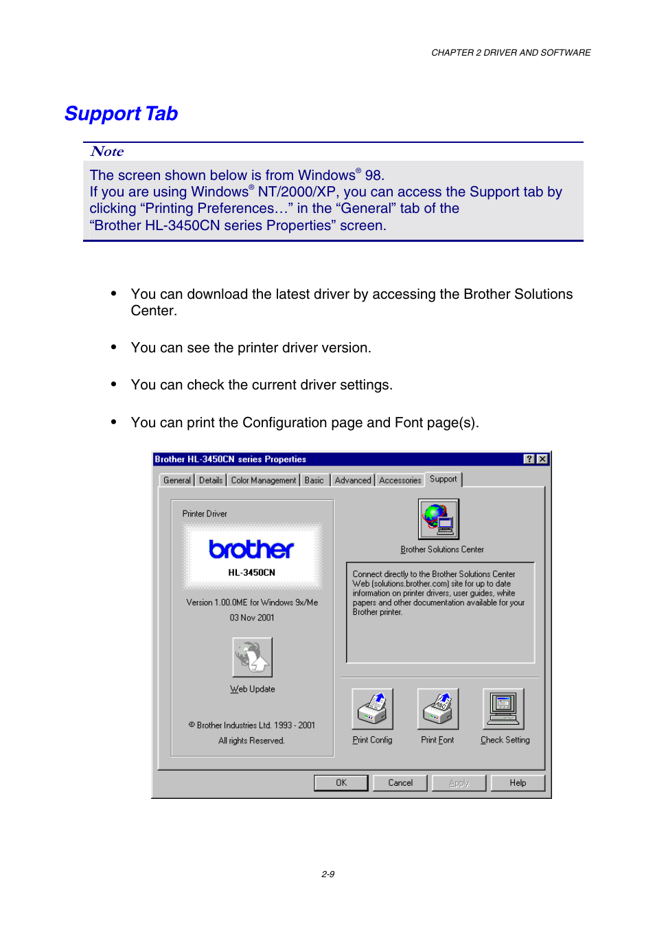 Support tab | Brother HL-3450CN User Manual | Page 43 / 227