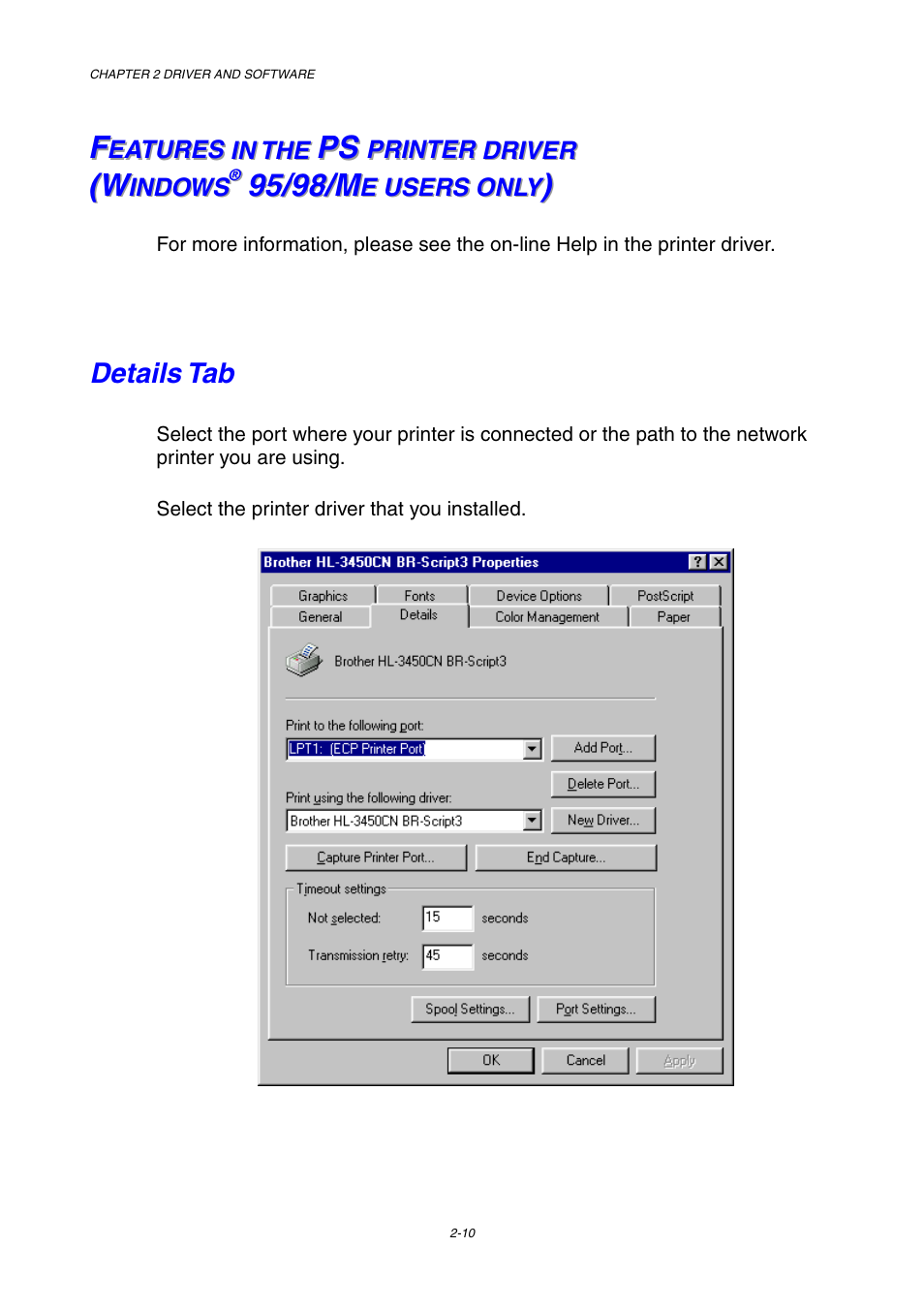 Details tab, Features in the ps printer driver (windows, 95/98/me users only) | Ps s s, W w w | Brother HL-3450CN User Manual | Page 44 / 227