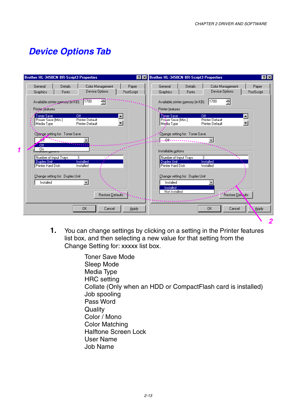 Device options tab | Brother HL-3450CN User Manual | Page 47 / 227