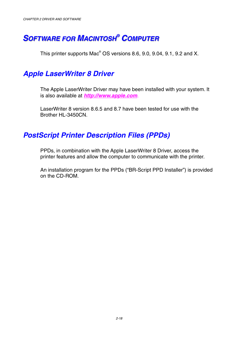 Software for macintosh computer, Apple laserwriter 8 driver, Postscript printer description files (ppds) | Brother HL-3450CN User Manual | Page 52 / 227