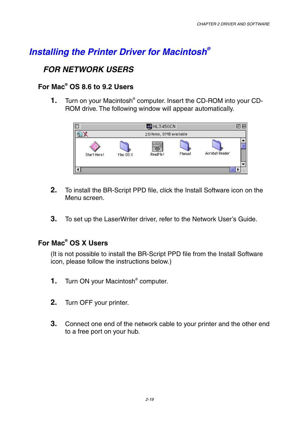 Installing the printer driver for macintosh, For network users | Brother HL-3450CN User Manual | Page 53 / 227