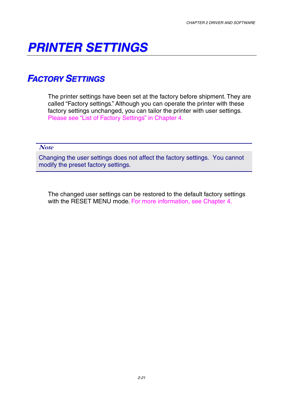 Printer settings, Factory settings, Printer settings 2-21 | Factory settings 2-21 | Brother HL-3450CN User Manual | Page 55 / 227