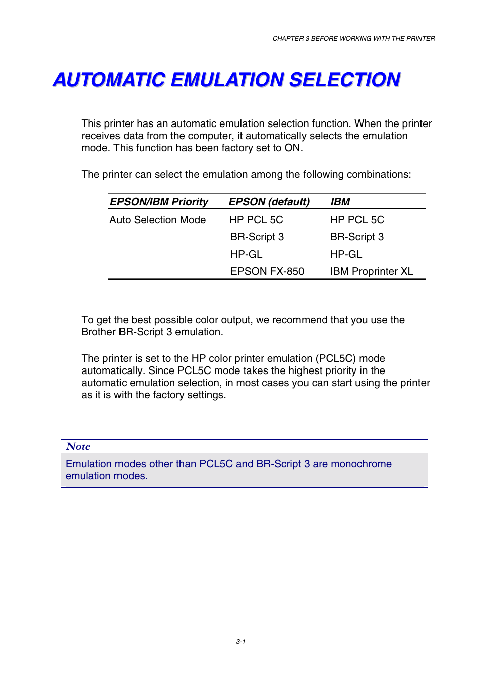 Automatic emulation selection | Brother HL-3450CN User Manual | Page 57 / 227