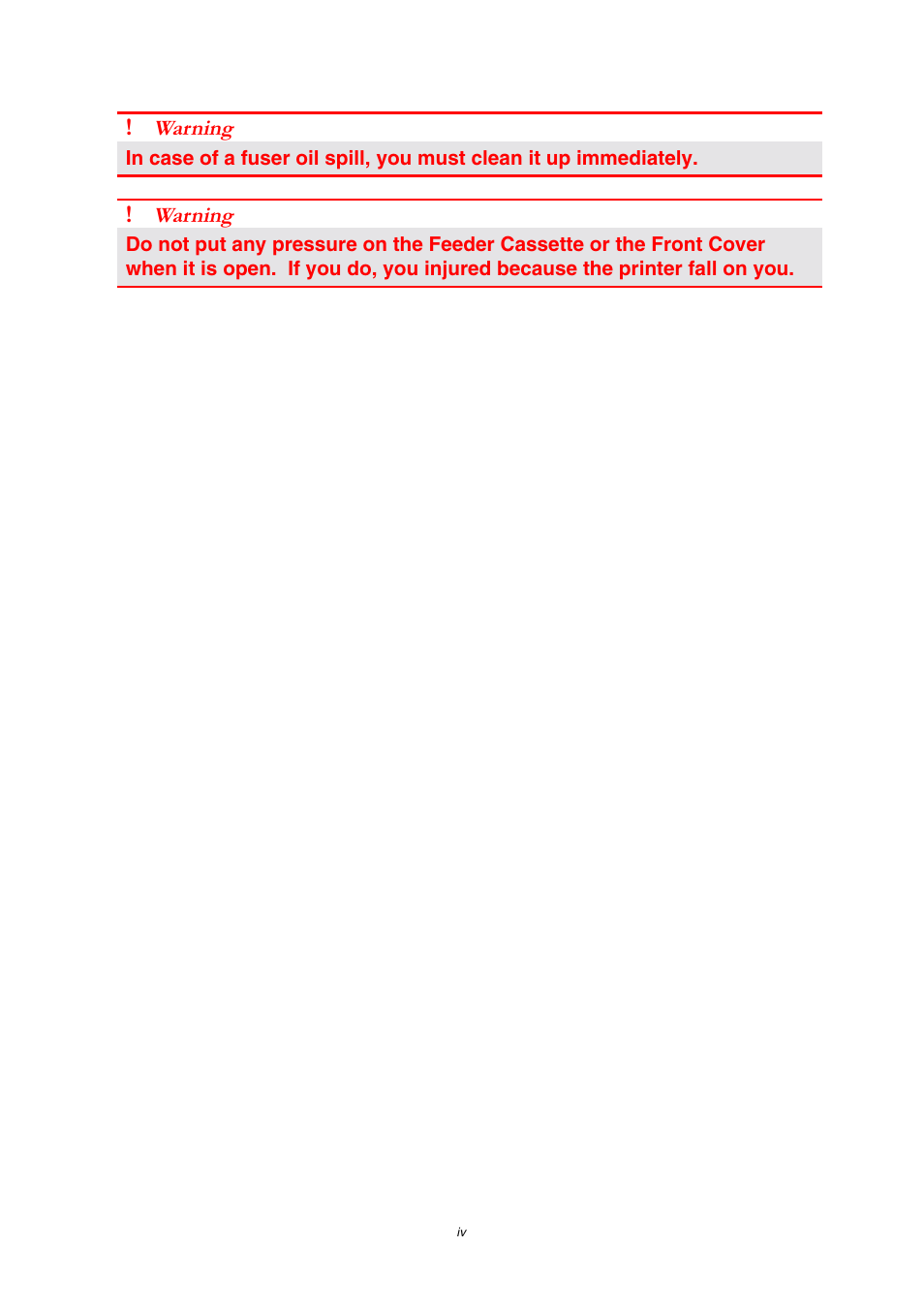 Warning | Brother HL-3450CN User Manual | Page 6 / 227