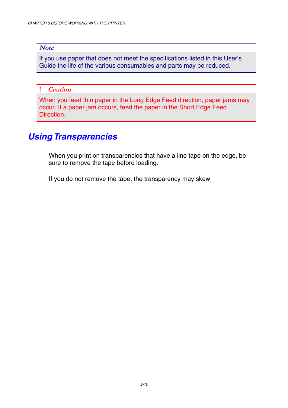 Using transparencies, Caution | Brother HL-3450CN User Manual | Page 66 / 227