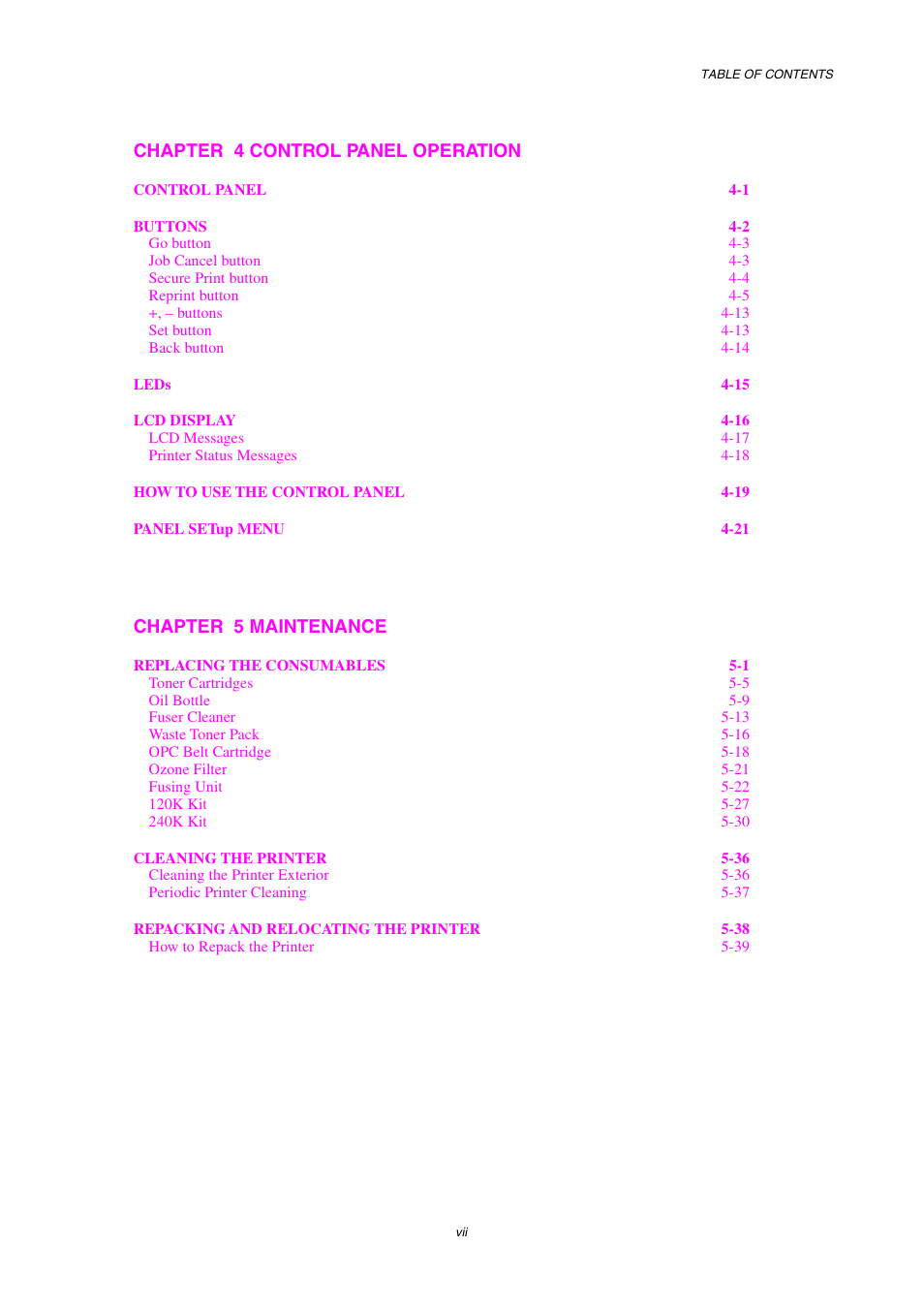 Chapter 4 control panel operation, Chapter 5 maintenance | Brother HL-3450CN User Manual | Page 9 / 227