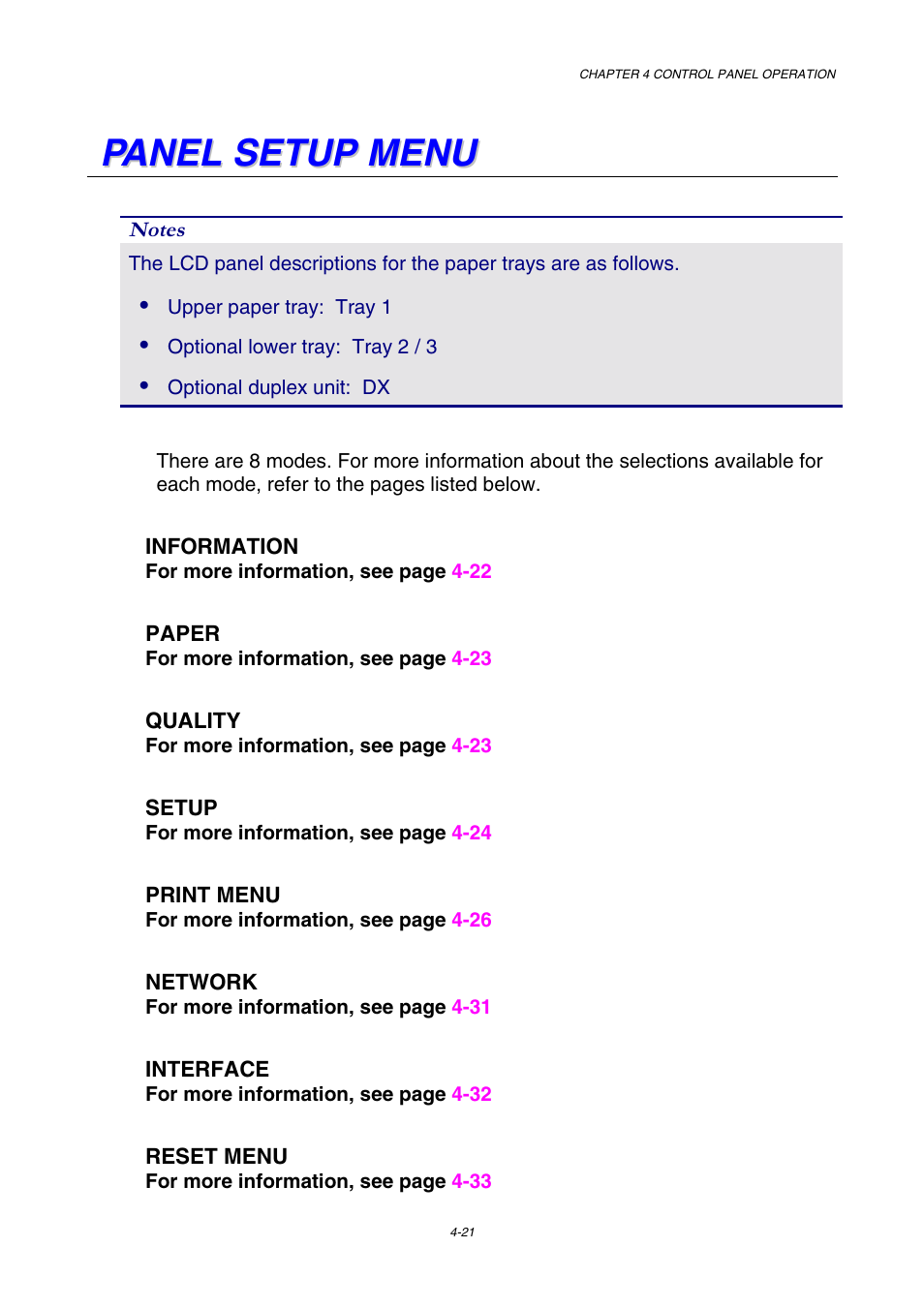 Panel setup menu | Brother HL-3450CN User Manual | Page 94 / 227