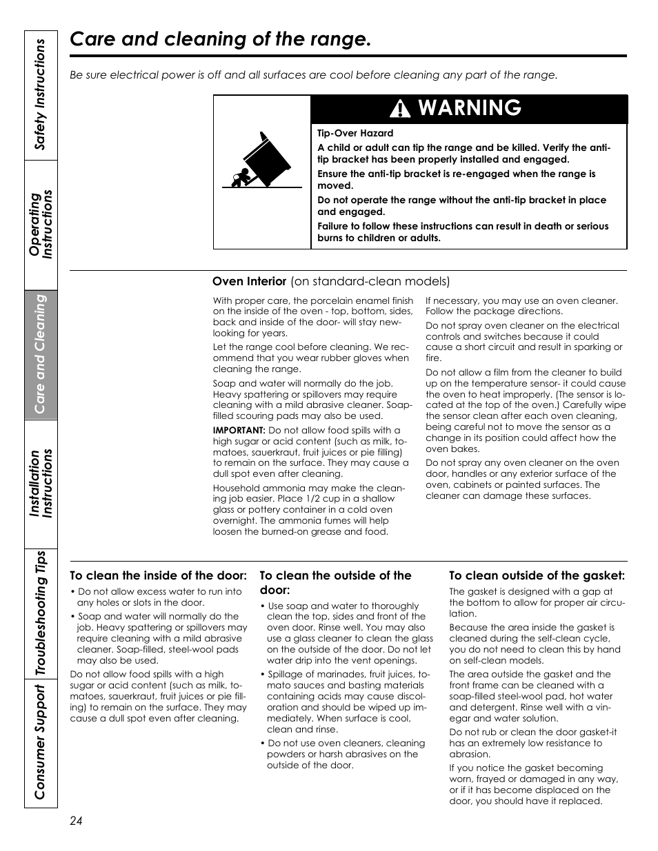 Warning, Care and cleaning of the range | Summit REX242W User Manual | Page 24 / 48