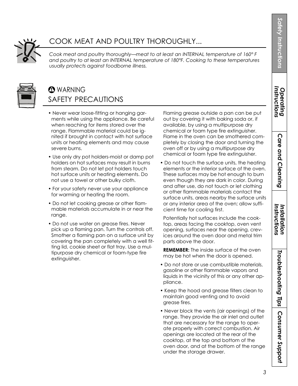 Cook meat and poultry thoroughly, Warning safety precautions | Summit REX242W User Manual | Page 3 / 48