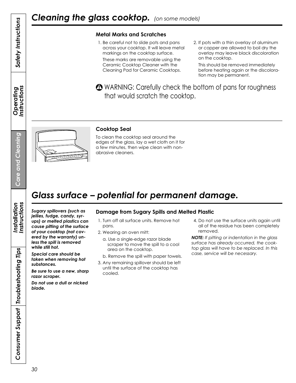 Glass surface – potential for permanent damage, Cleaning the glass cooktop | Summit REX242W User Manual | Page 30 / 48