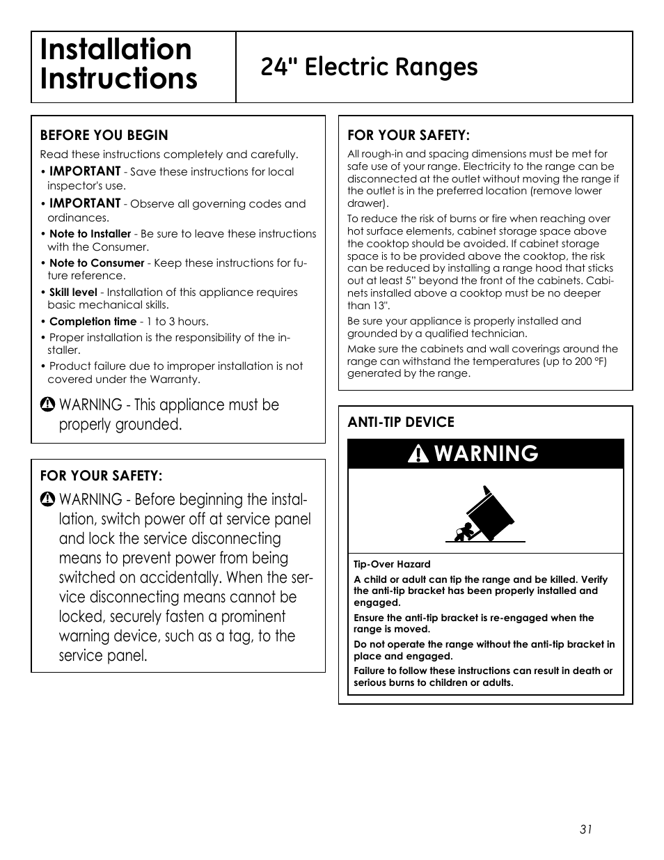 Installation instructions, 24" electric ranges, Warning | Warning - this appliance must be properly grounded | Summit REX242W User Manual | Page 31 / 48