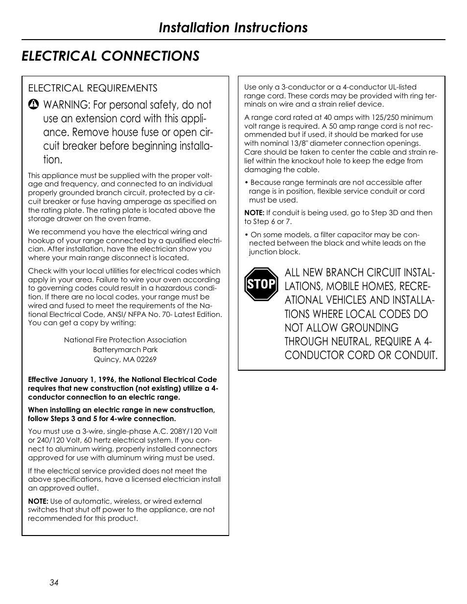 Installation instructions electrical connections, Electrical requirements | Summit REX242W User Manual | Page 34 / 48