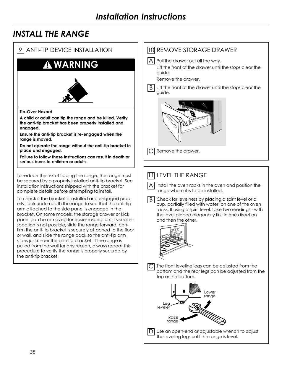 Warning, Installation instructions install the range | Summit REX242W User Manual | Page 38 / 48