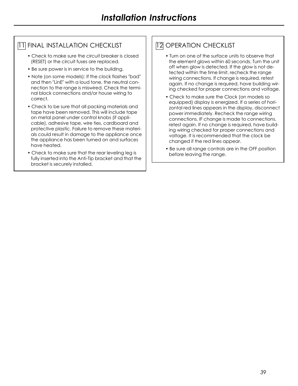 Installation instructions, Final installation checklist 11, Operation checklist 12 | Summit REX242W User Manual | Page 39 / 48