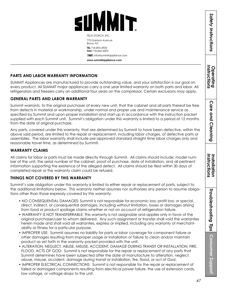 Summit REX242W User Manual | Page 47 / 48