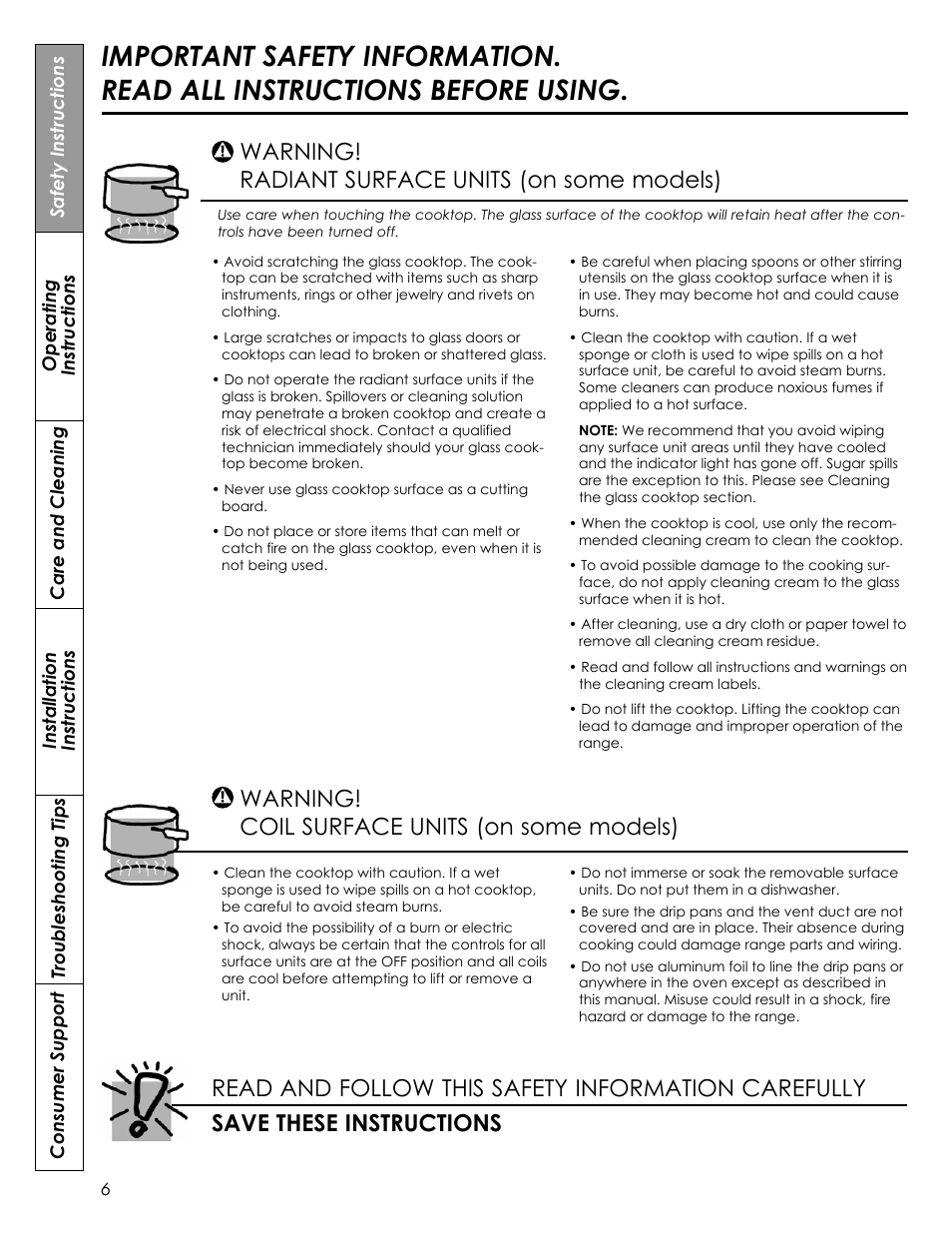 Warning! radiant surface units (on some models) | Summit REX242W User Manual | Page 6 / 48