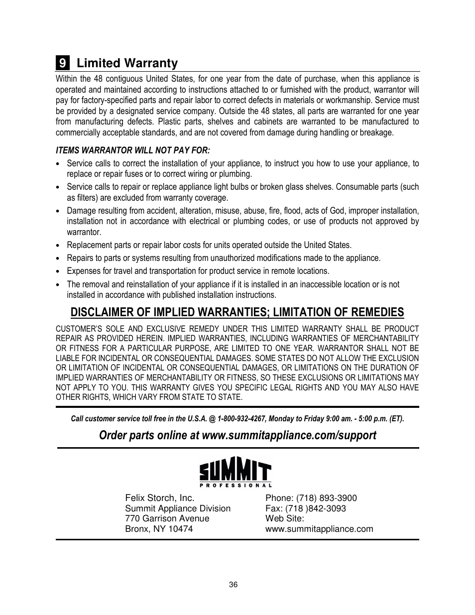 9 limited warranty | Summit PRO24G User Manual | Page 37 / 37