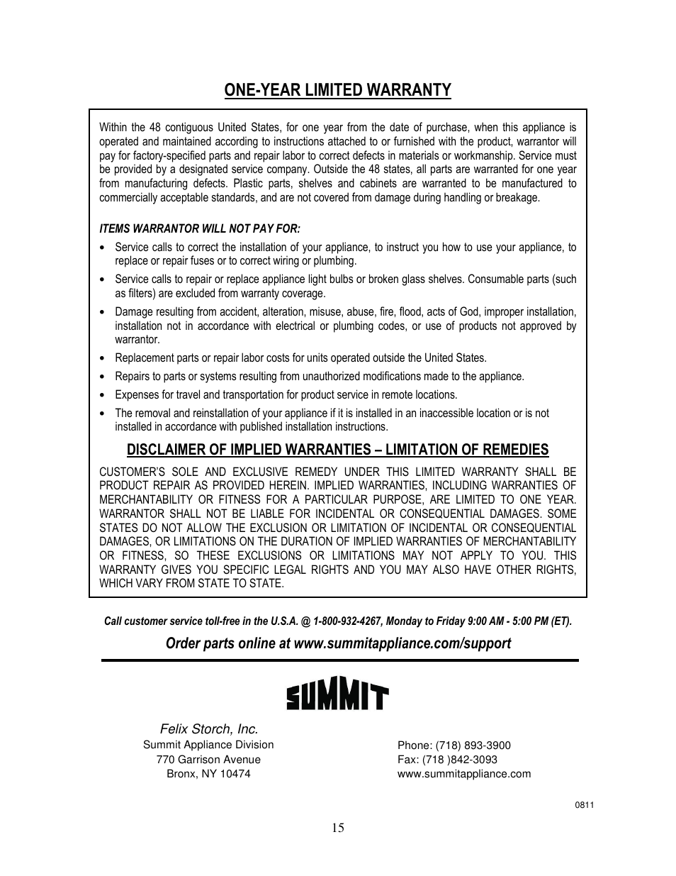 One-year limited warranty | Summit CR2110 User Manual | Page 16 / 16