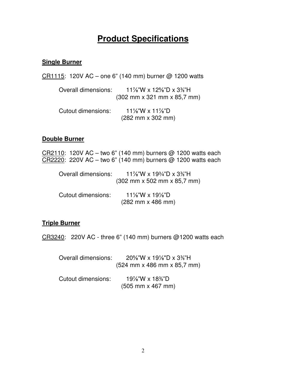 Product specifications | Summit CR2110 User Manual | Page 3 / 16