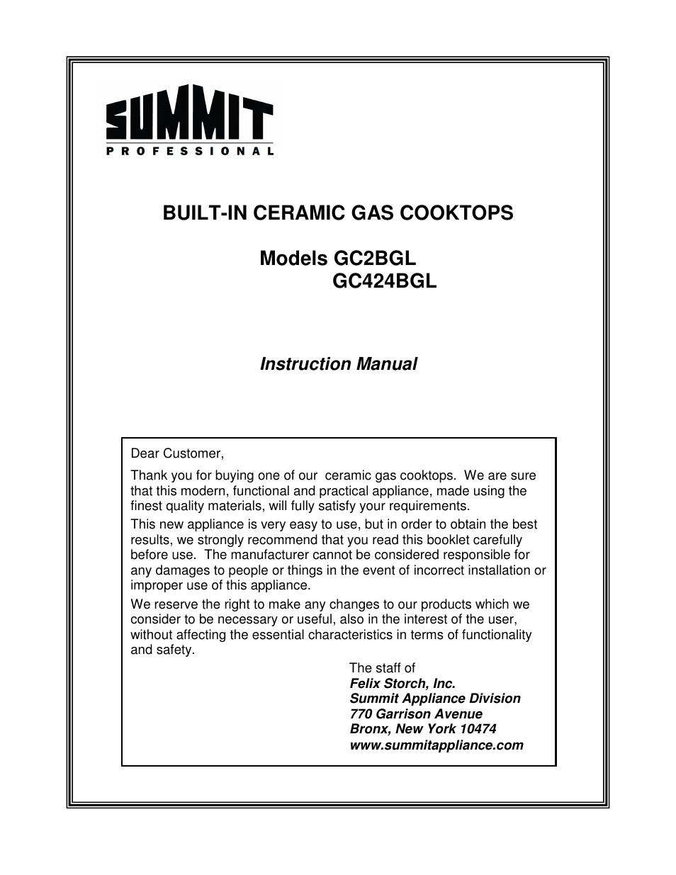 Summit GC424BGL User Manual | 16 pages