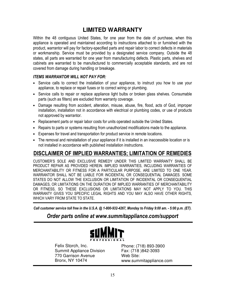 Limited warranty | Summit GC424BGL User Manual | Page 16 / 16