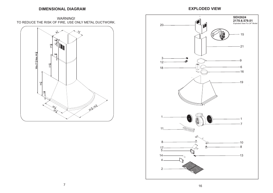 Dimensional diagram, Exploded view, Warning | Summit SEH2624 User Manual | Page 8 / 12