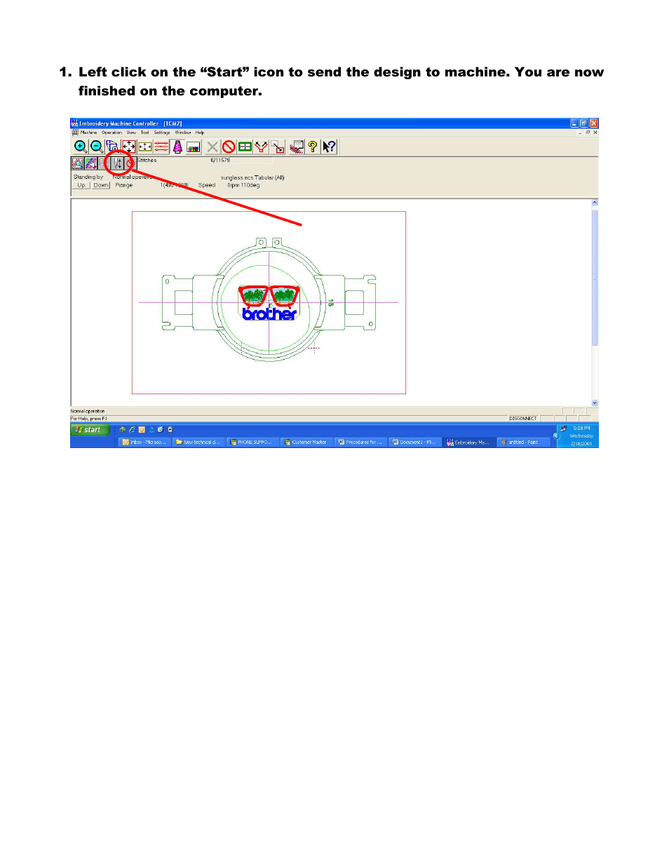 Sending design to the machine | Brother BES-1260 User Manual | Page 13 / 14