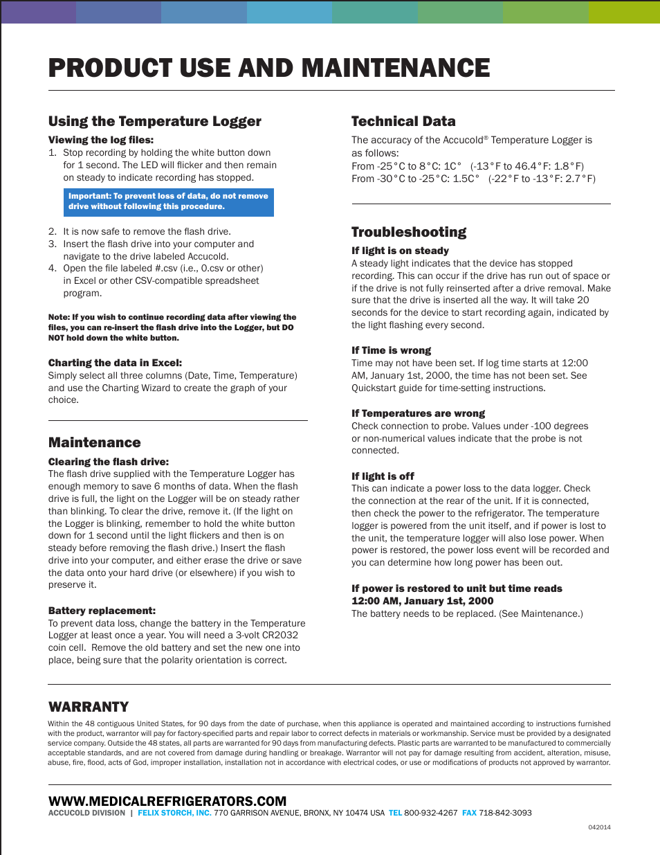 Product use and maintenance, Warranty using the temperature logger, Maintenance | Technical data, Troubleshooting | Summit DL1KIT User Manual | Page 2 / 2