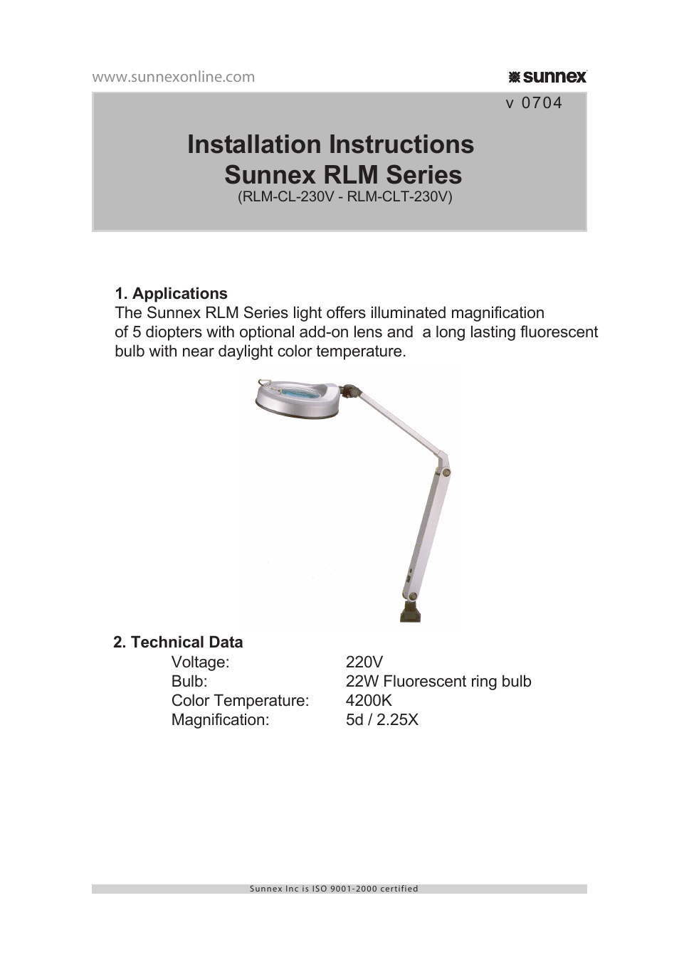 Sunnex RLM-CLT-230V User Manual | 4 pages