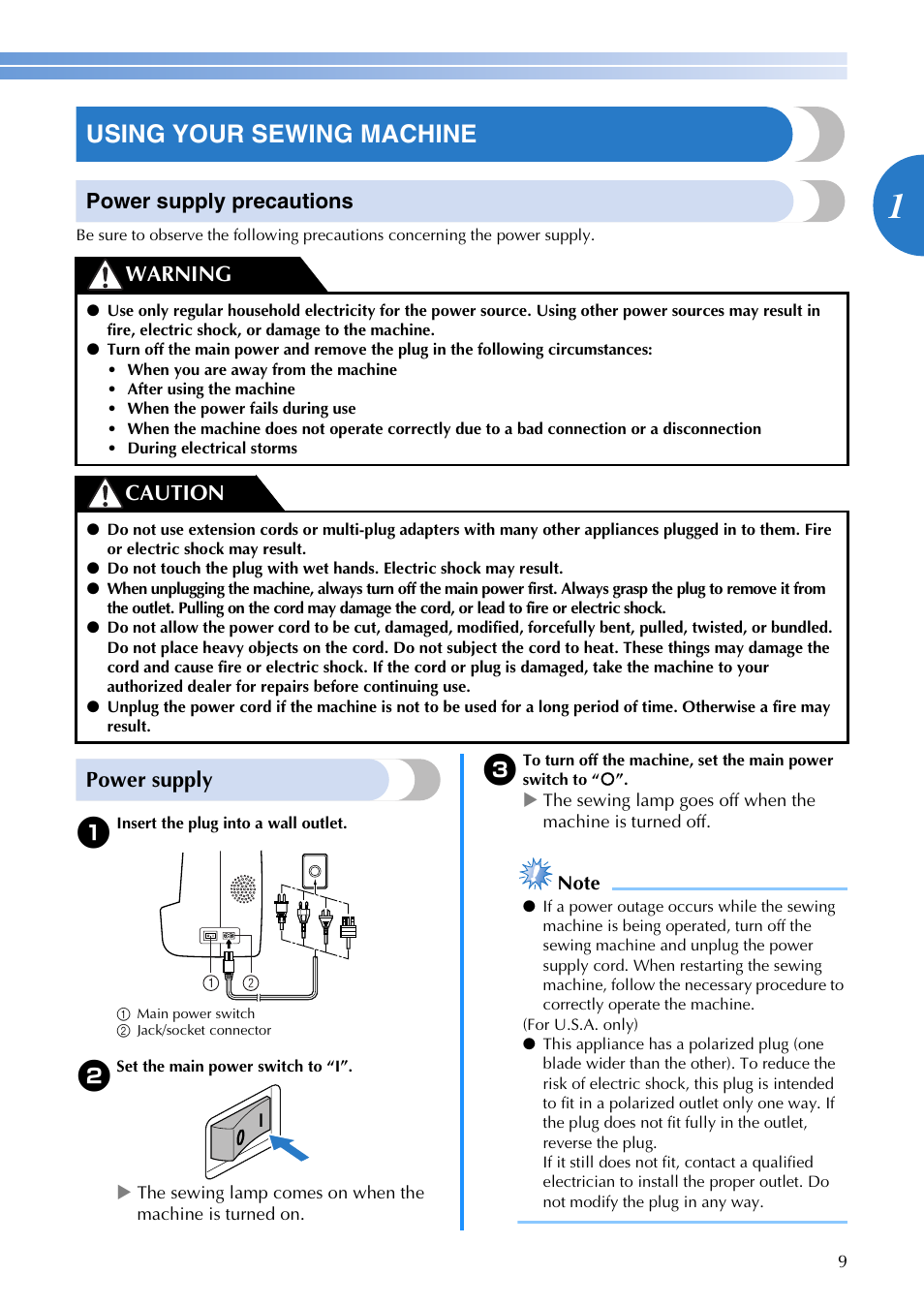 Using your sewing machine, Power supply precautions, Power supply | Warning caution | Brother CE-5000PRW User Manual | Page 11 / 68