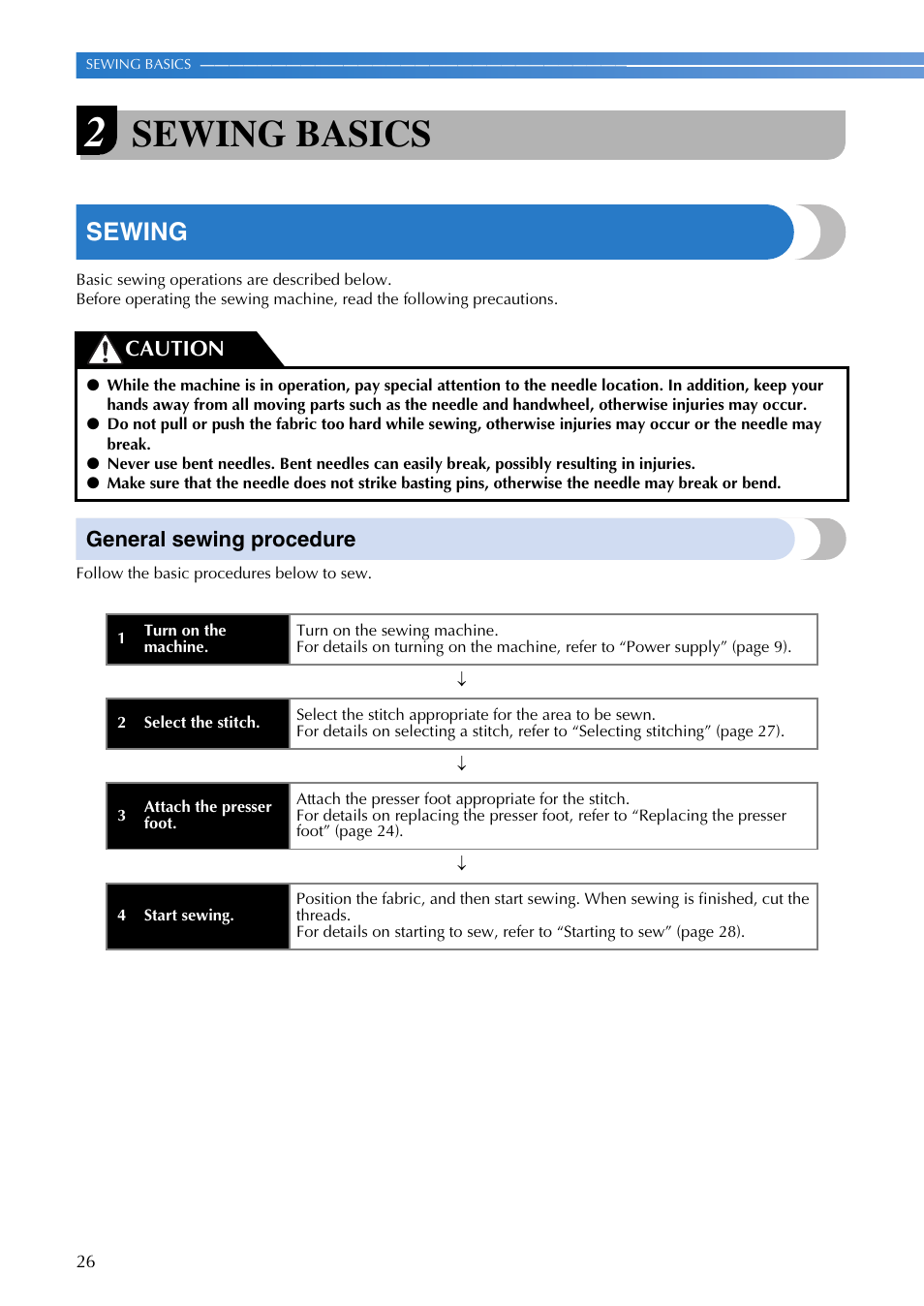 Sewing basics, Sewing, General sewing procedure | Caution | Brother CE-5000PRW User Manual | Page 28 / 68