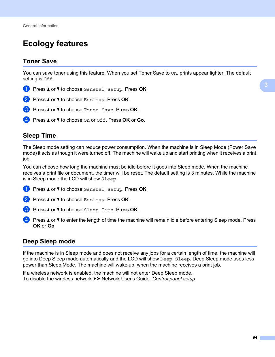 Ecology features, Toner save, Sleep time | Deep sleep mode, Toner save sleep time deep sleep mode | Brother HL-5470DWT User Manual | Page 100 / 177