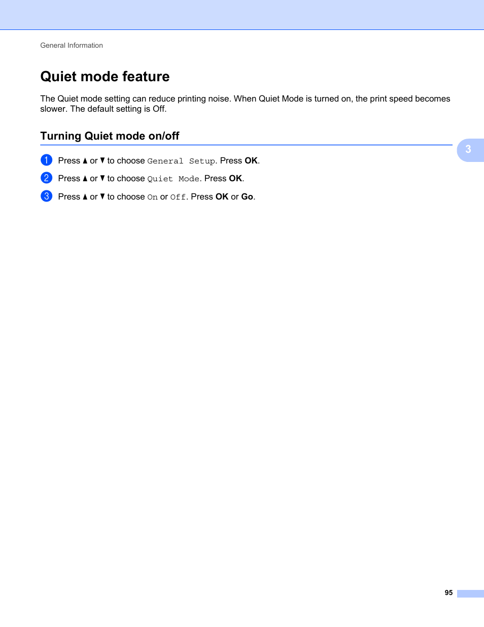 Quiet mode feature, Turning quiet mode on/off | Brother HL-5470DWT User Manual | Page 101 / 177