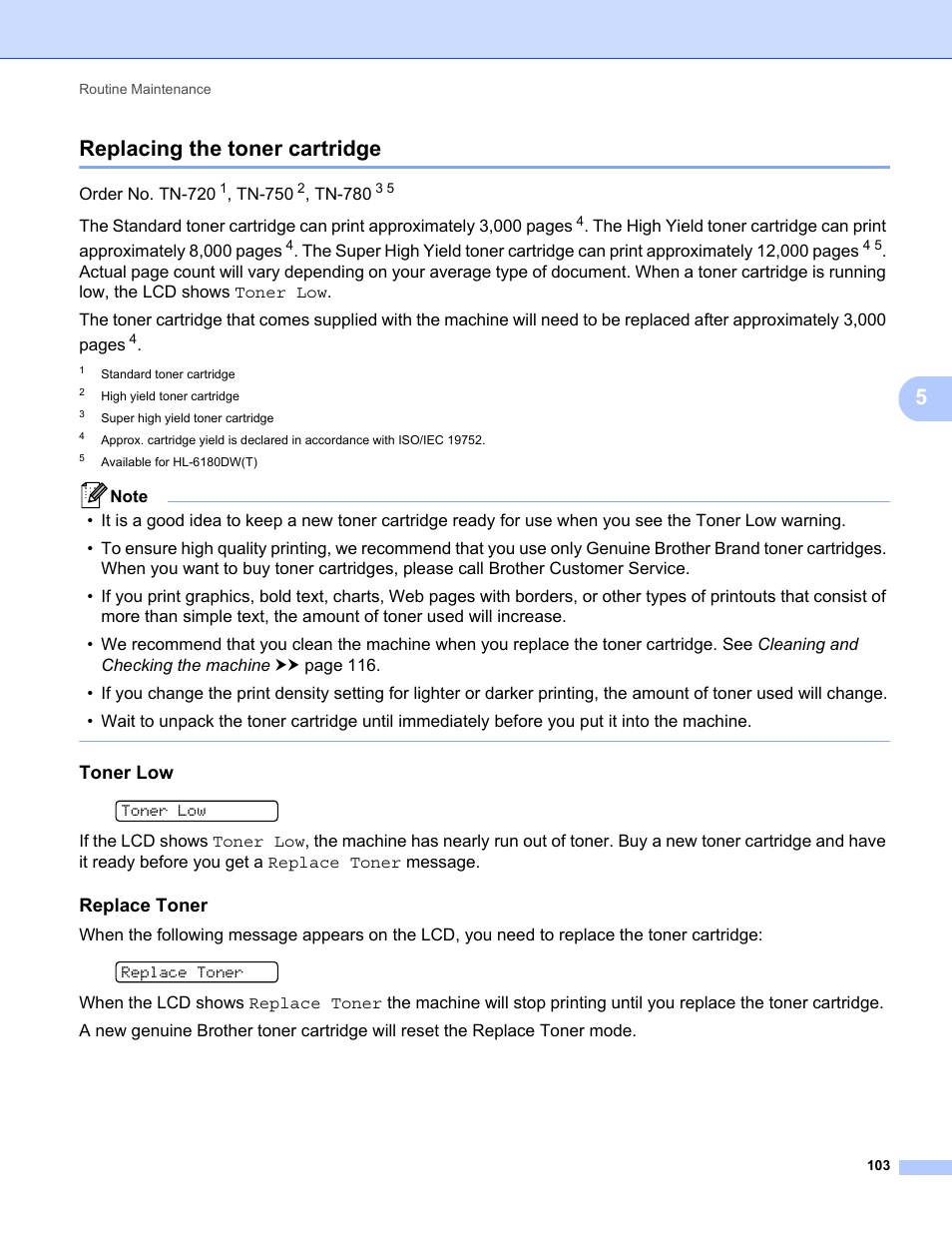 Replacing the toner cartridge, Toner low, Replace toner | 5replacing the toner cartridge | Brother HL-5470DWT User Manual | Page 109 / 177